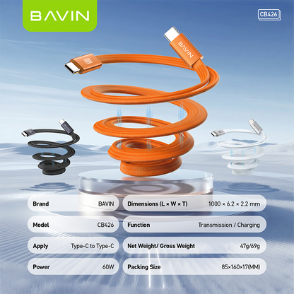 BAVIN CB426 1m 60W PD Magnetic Type-C Fast Charging Data Cable Flat Braided for Android, iPhone 17 Series