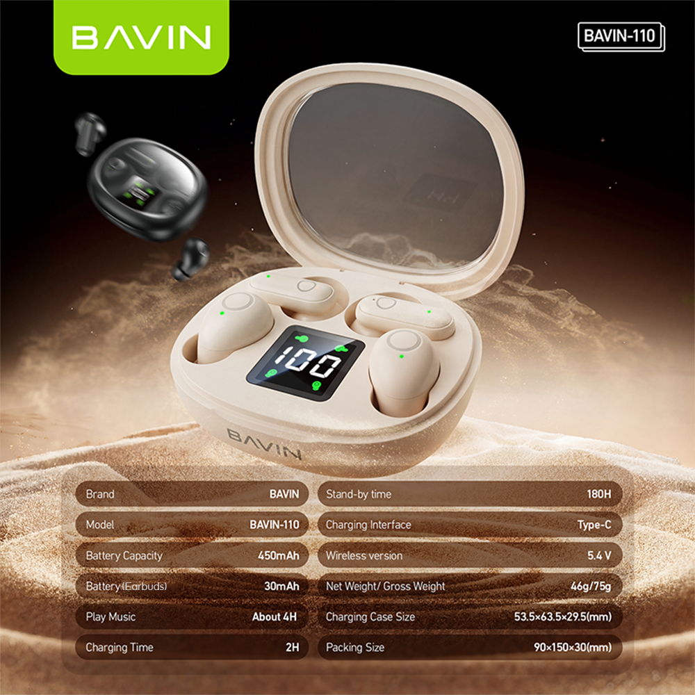BAVIN BA110 2-in-1 TWS Hi-Res Audio Wireless Bluetooth Semi-in-ear + In-ear Earbuds | Smart LED Display