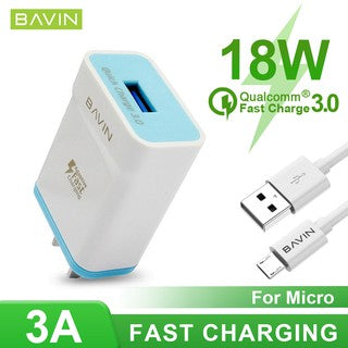 BAVIN C-PC658-XX Qualcomm Fast Charger w/ Cable for iPhone, Micro, Type-C For Micro