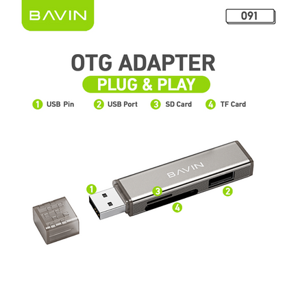 BAVIN O92 3-in-1 USB2.0 Portable Card Reader TF + SD + USB OTG w/480Mbps For Laptop, Smartphone, Tablet & OTG Supported