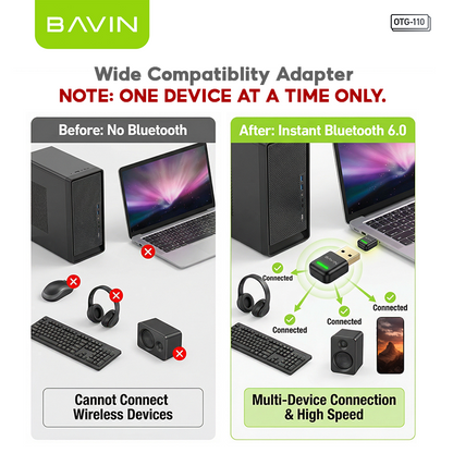 BAVIN O110 Bluetooth 6.0 OTG Adapter Receiver & Transmitter for Headphone/Speaker/Keyboard/Mouse