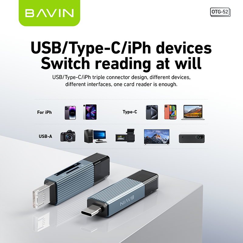BAVIN U-O-52 3-in-1 Card Reader w/ SD TF Card Support Type-C to USB iPhone