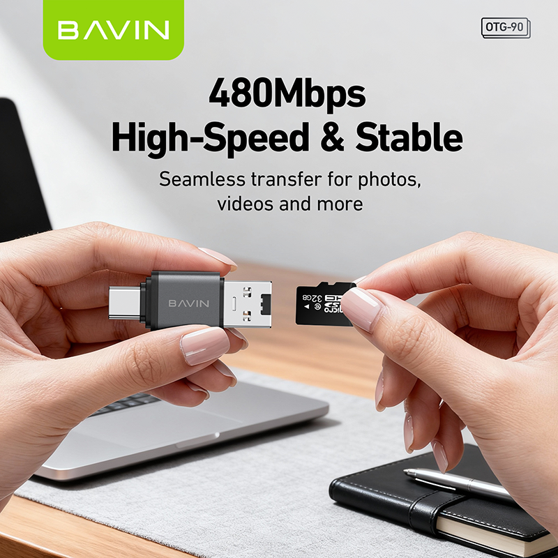 BAVIN O90 Portable USB-A & Type-C TF / SD Card Reader OTG Adapter | 480Mbps High-Speed for Phones