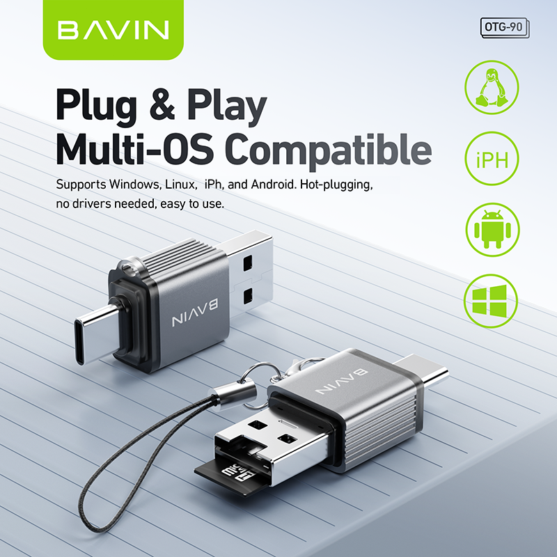 BAVIN O90 Portable USB-A & Type-C TF / SD Card Reader OTG Adapter | 480Mbps High-Speed for Phones