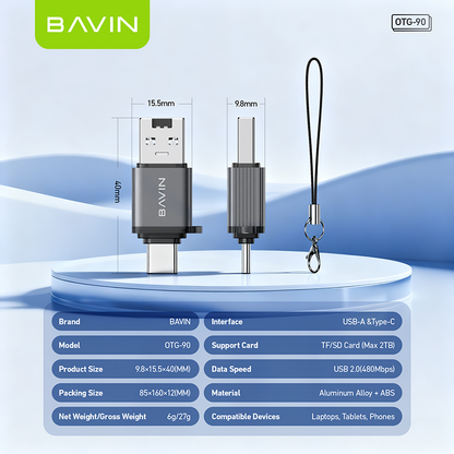 BAVIN O90 Portable USB-A & Type-C TF / SD Card Reader OTG Adapter | 480Mbps High-Speed for Phones