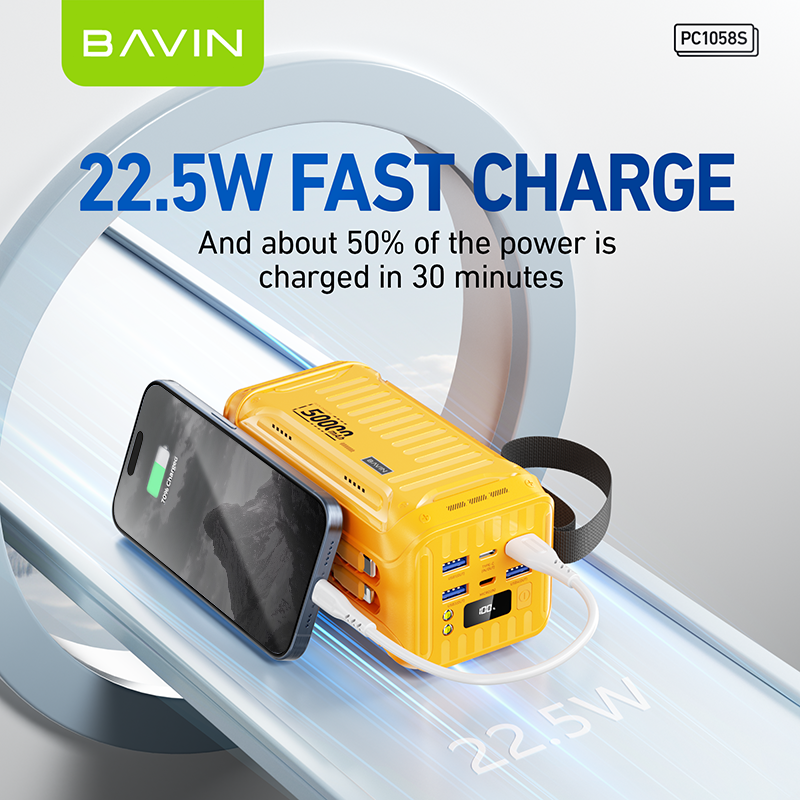 BAVIN PC1058 50000mAh Powerbank 22.5W Fast Charging USB Port and 20W Input/Output w/ Built-in Cable
