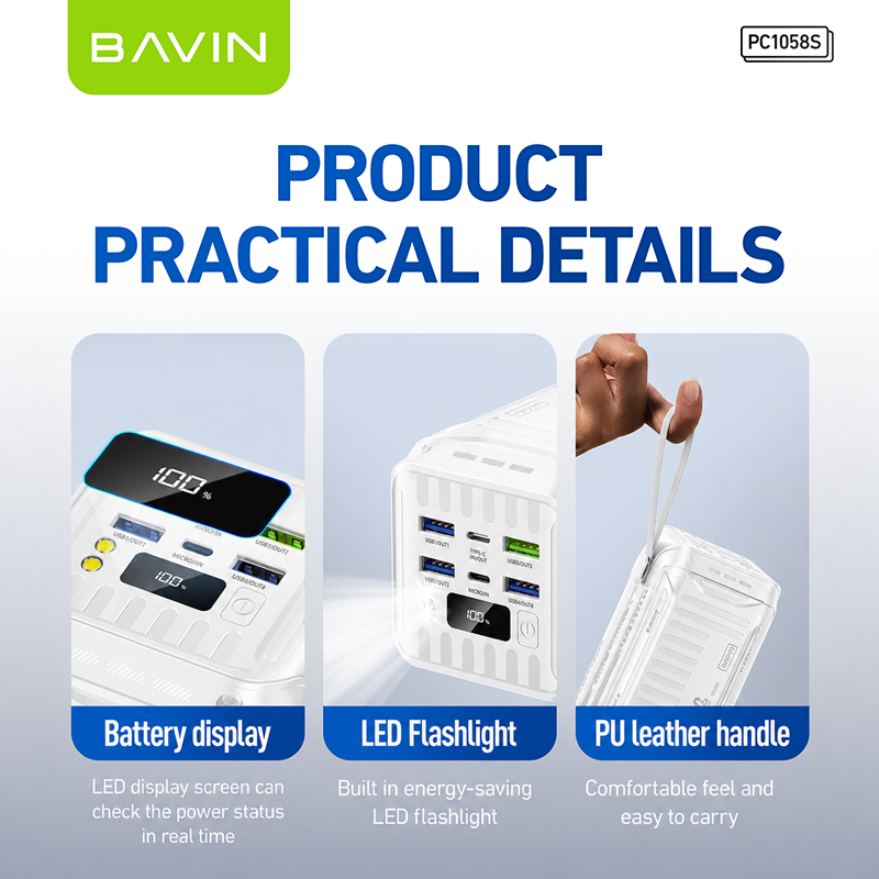 BAVIN PC1058 50000mAh Powerbank 22.5W Fast Charging USB Port and 20W Input/Output w/ Built-in Cable