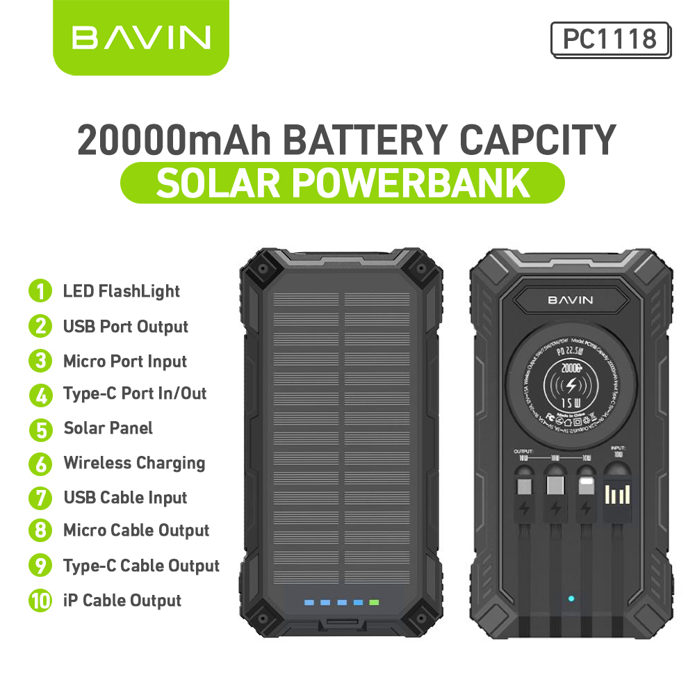 BAVIN PC1118 20000mAh Portable Wireless Solar Powerbank 22.5W Fast Charging Built-in Cable
