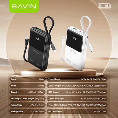 BAVIN PC1151 10000mAh Powerbank w/ 22.5W Triple Fast Charging Built-in Type-C & iPhone Cables | Smart LED Display