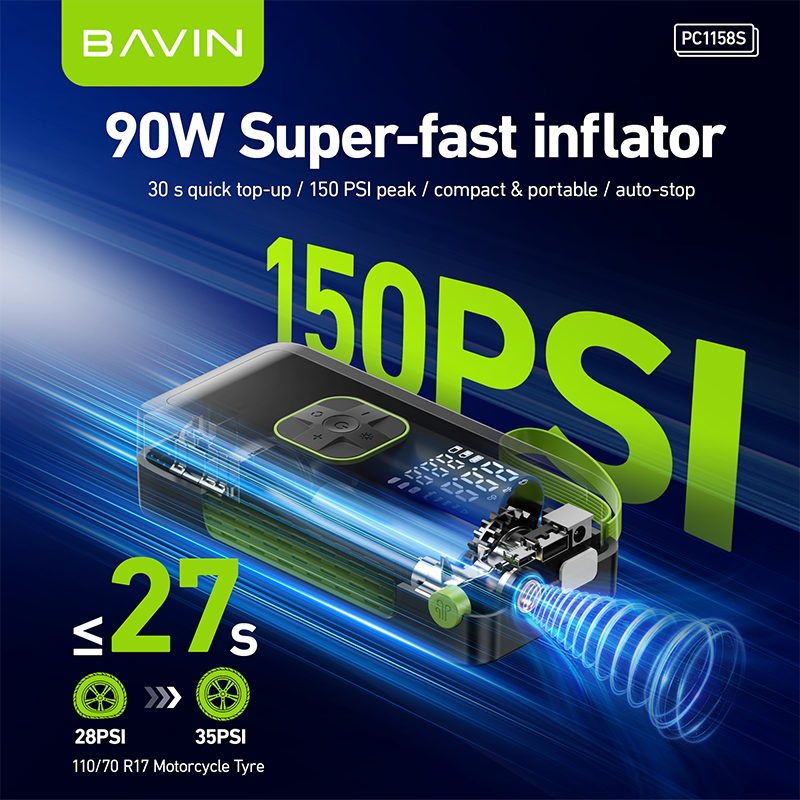 BAVIN Z-PC1158S Portable 150 PSI Car Air Pump Air Compressor Tire Inflator w/ LED Light & 4500mAh Powerbank