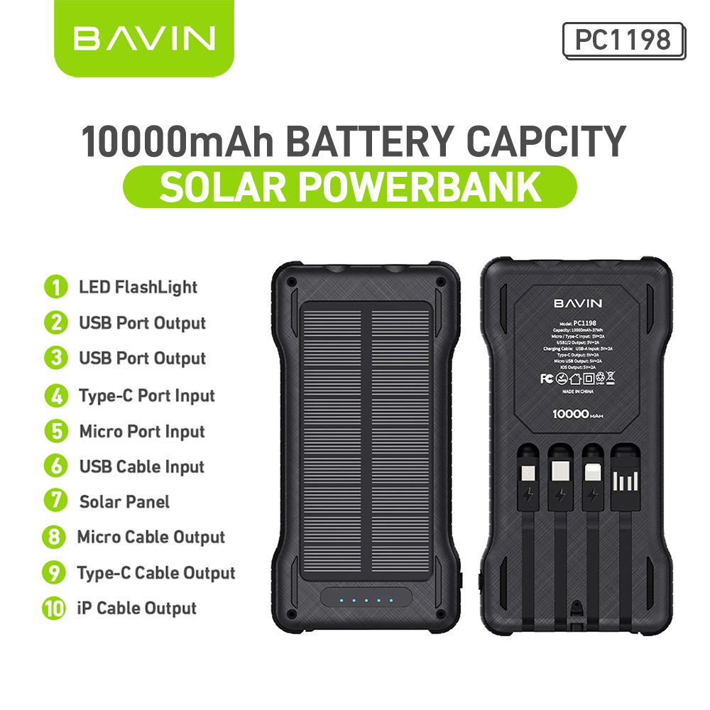 BAVIN PC1118 20000mAh Portable Wireless Solar Powerbank 22.5W Fast Charging Built-in Cable