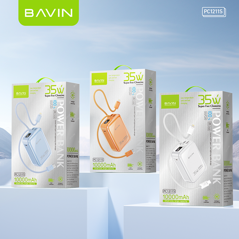 BAVIN PC1211S Portable 10000mAh 35W Fast Charging Powerbank Built-in Type-C & iPhone Cable｜LED Display