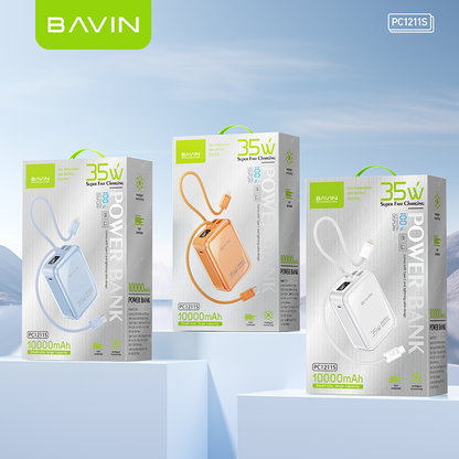 BAVIN PC1211S Portable 10000mAh 35W Fast Charging Powerbank Built-in Type-C & iPhone Cable｜LED Display