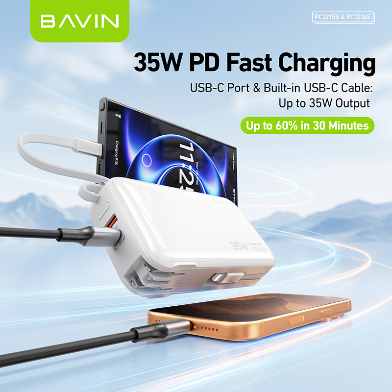 BAVIN PC1215 2-in-1 10000mAh/20000mAh 35W PD Fast Charging Powerbank w/ Built-in Dual Cables + AC Plug