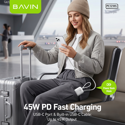 [CCC] BAVIN PC1218 2in1 Portable 10000mAh 45W PD Fast Charge Power Bank Built-in Type-C Cable + AC Plug