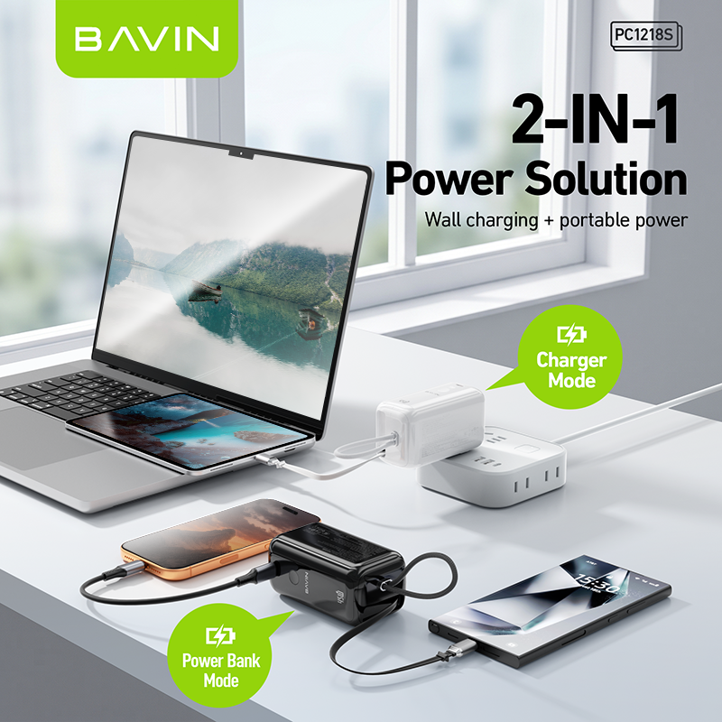 [CCC] BAVIN PC1218 2in1 Portable 10000mAh 45W PD Fast Charge Power Bank Built-in Type-C Cable + AC Plug