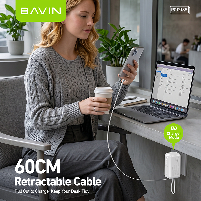 [CCC] BAVIN PC1218 2in1 Portable 10000mAh 45W PD Fast Charge Power Bank Built-in Type-C Cable + AC Plug