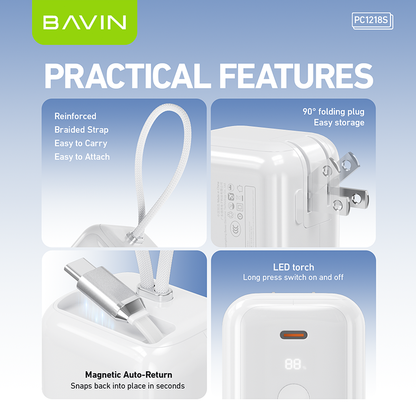 [CCC] BAVIN PC1218 2in1 Portable 10000mAh 45W PD Fast Charge Power Bank Built-in Type-C Cable + AC Plug