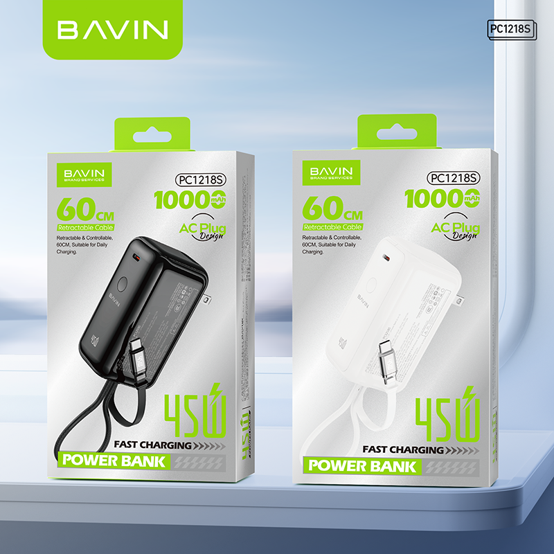 [CCC] BAVIN PC1218 2in1 Portable 10000mAh 45W PD Fast Charge Power Bank Built-in Type-C Cable + AC Plug