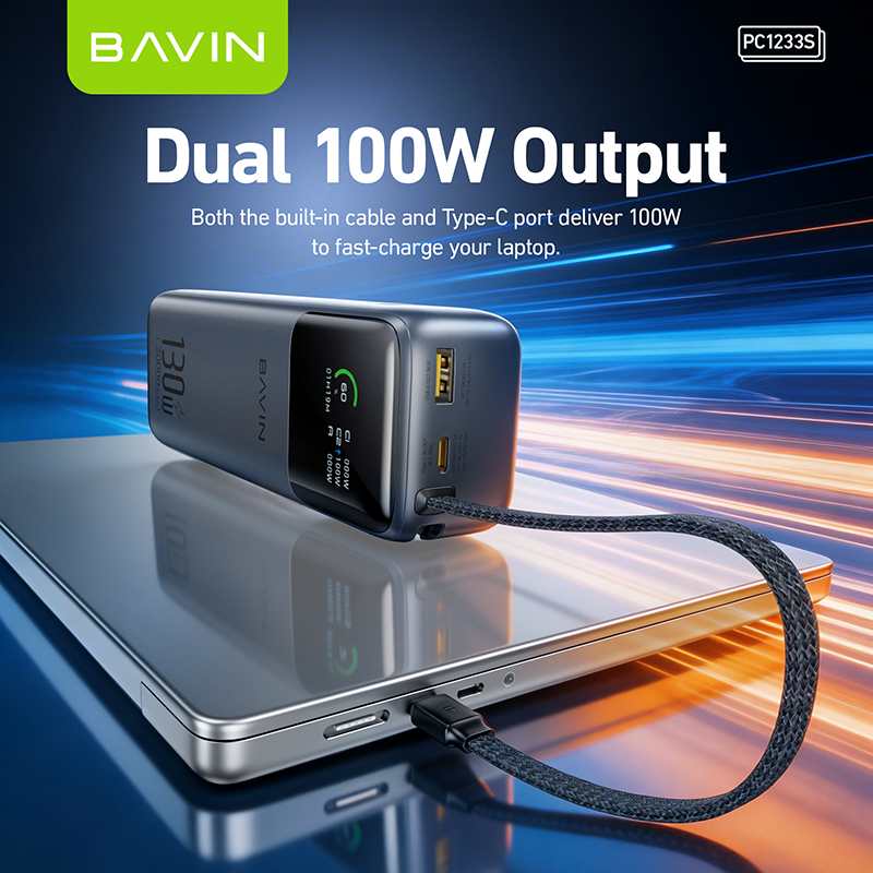 [CCC] BAVIN PC1233S 130W 20000mAh Fast Charging Powerbank Built-in Type-C Cable & TFT Digital Display