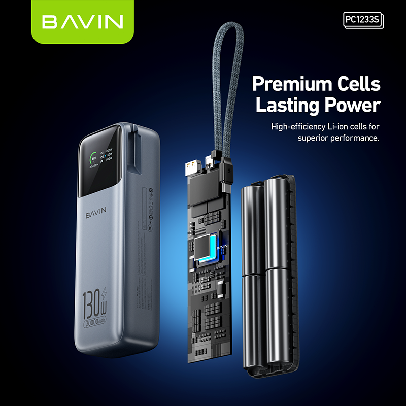 [CCC] BAVIN PC1233S 130W 20000mAh Fast Charging Powerbank Built-in Type-C Cable & TFT Digital Display