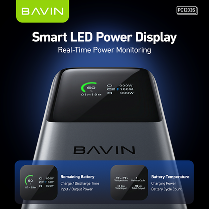 [CCC] BAVIN PC1233S 130W 20000mAh Fast Charging Powerbank Built-in Type-C Cable & TFT Digital Display