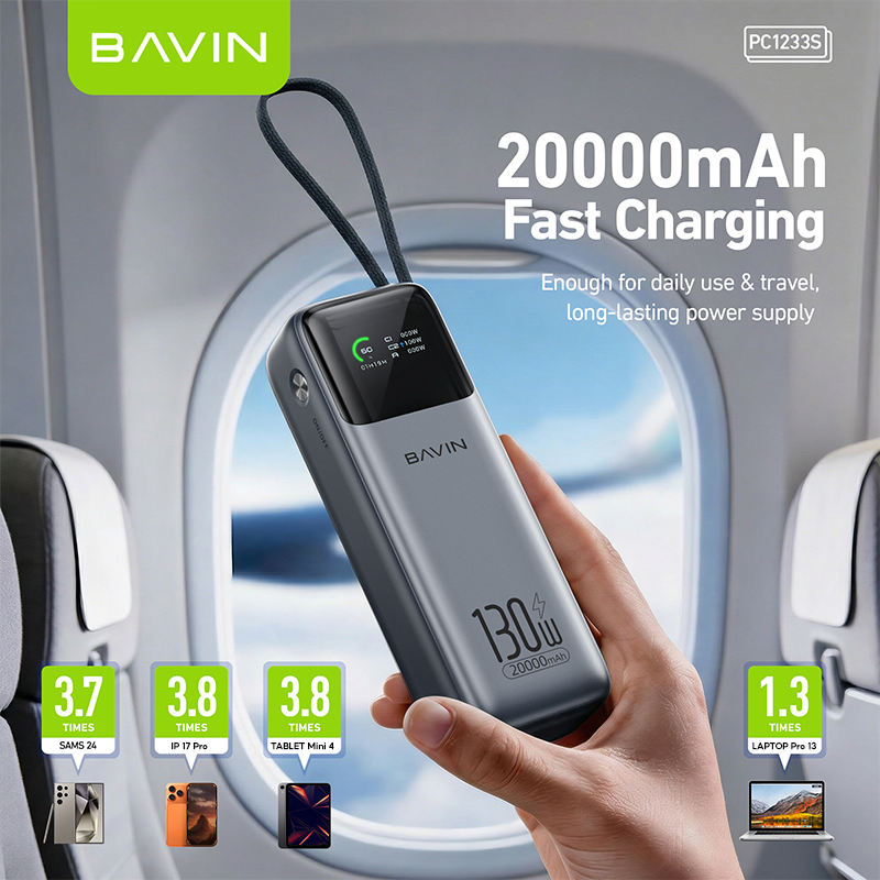 [CCC] BAVIN PC1233S 130W 20000mAh Fast Charging Powerbank Built-in Type-C Cable & TFT Digital Display
