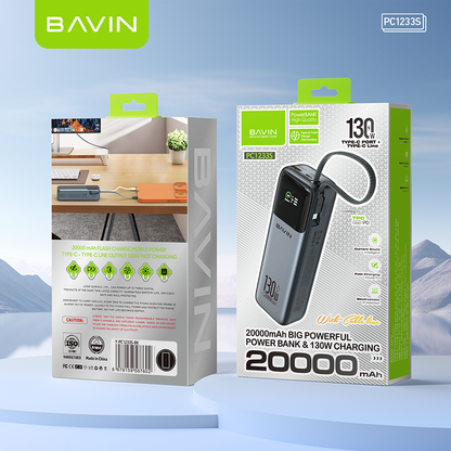 [CCC] BAVIN PC1233S 130W 20000mAh Fast Charging Powerbank Built-in Type-C Cable & TFT Digital Display