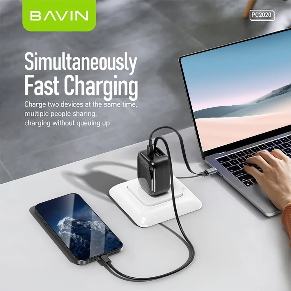 BAVIN PC2020 40W PD Fast Charging AC Adapter Built in Retractable iPhone Cable for iPhone 17/Android /Laptop