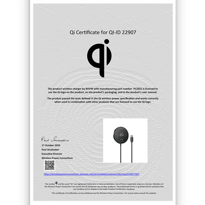 BAVIN C-W-PC2021 Qi2 15W Magnetic Wireless Fast Charger w/ Suction & Free Magnetic Ring