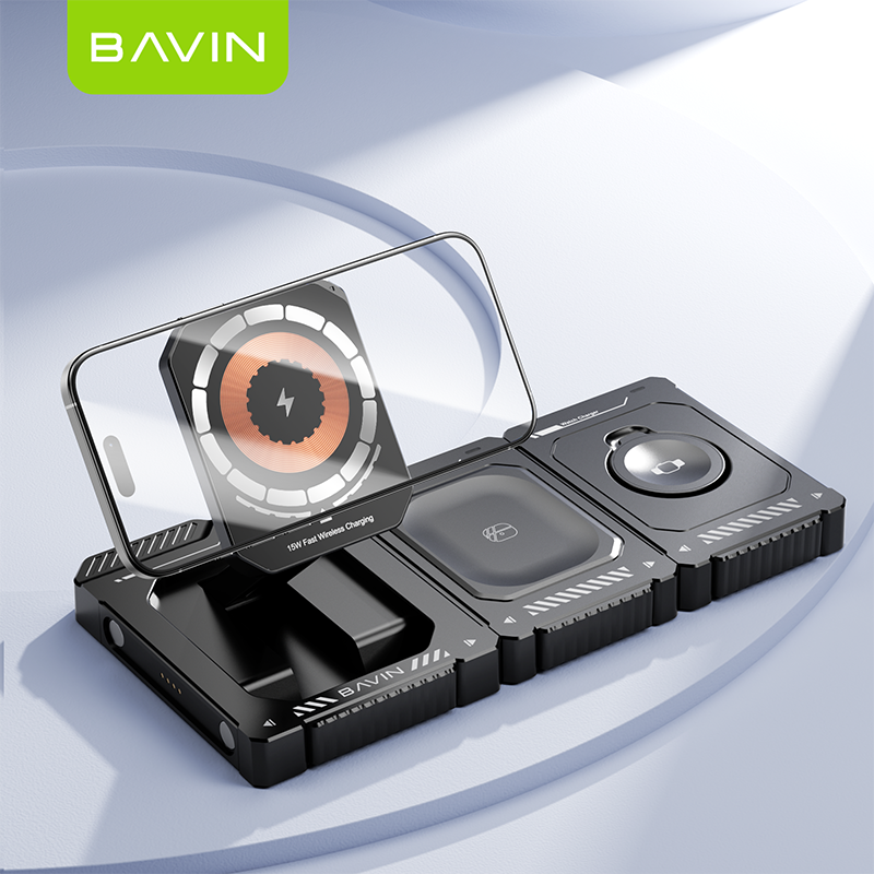 BAVIN C-W-PC2032 15W 3-in-1 Wireless Magnetic Charging Station for iPhone, Earbuds Apple Watch Black