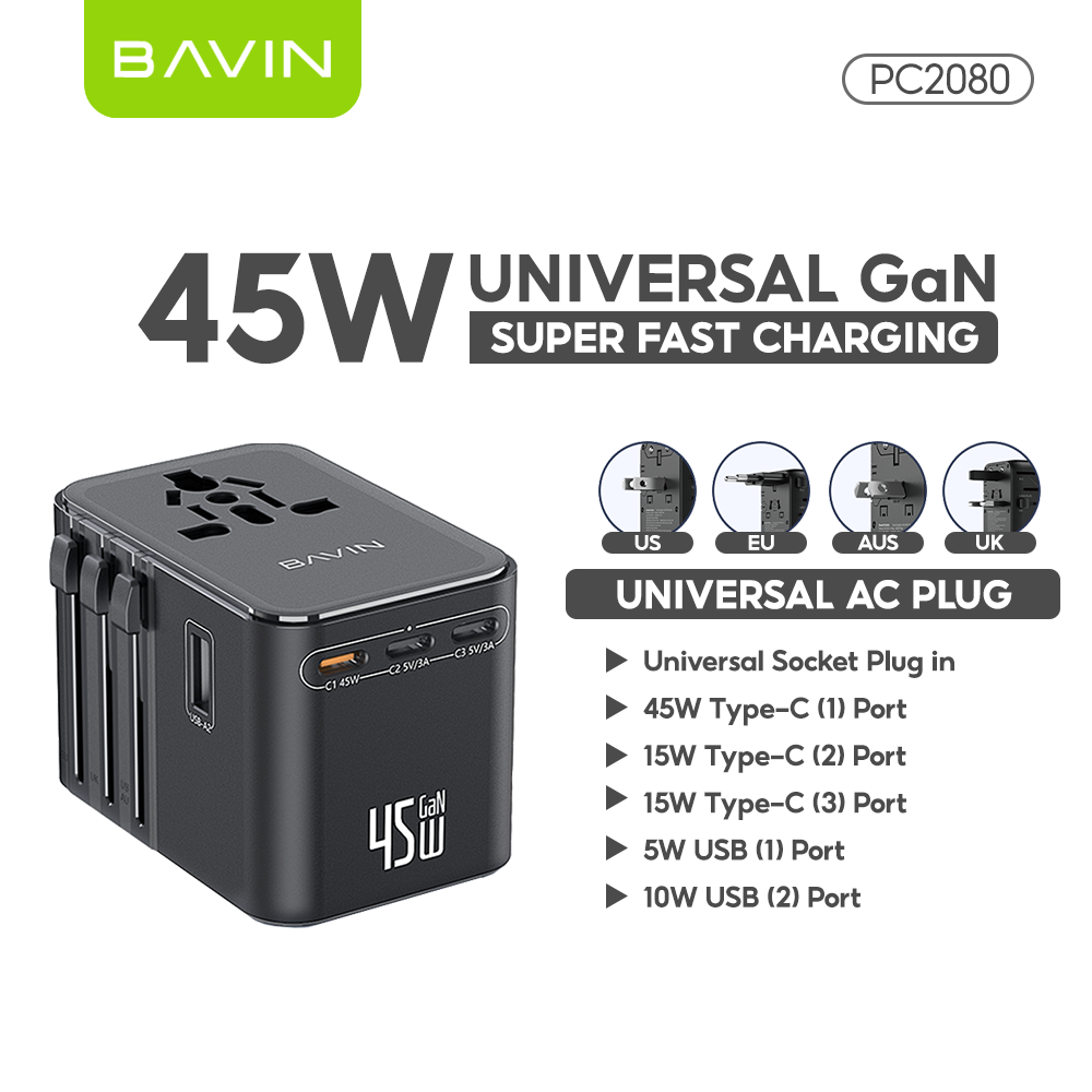 BAVIN PC2080 70W / 45W PD GaN Fast Charging Adapter & Multi-Port Universal Plug Charger for Laptop, Phones & Tablets