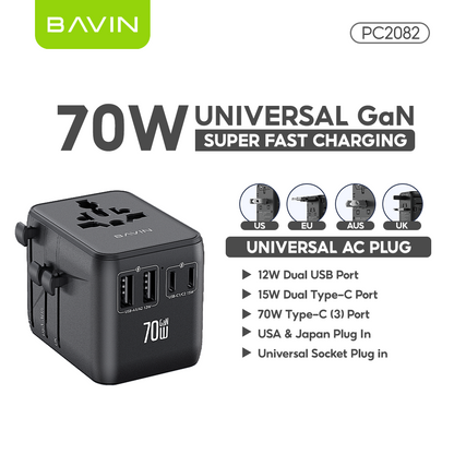 BAVIN PC2080 70W / 45W PD GaN Fast Charging Adapter & Multi-Port Universal Plug Charger for Laptop, Phones & Tablets