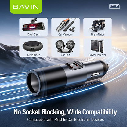 BAVIN PC2150 3-in-1 65W PD Fast Charging Car Charger w/ USB-C + USB-A Ports For Android & iPhone 17 Series
