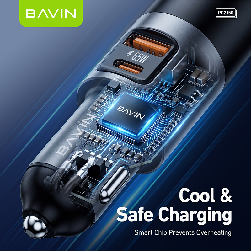 BAVIN PC2150 3-in-1 65W PD Fast Charging Car Charger w/ USB-C + USB-A Ports For Android & iPhone 17 Series