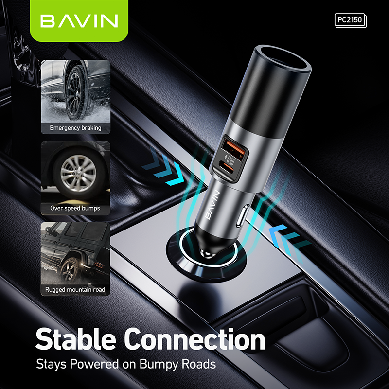 BAVIN PC2150 3-in-1 65W PD Fast Charging Car Charger w/ USB-C + USB-A Ports For Android & iPhone 17 Series