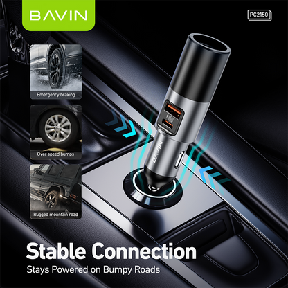 BAVIN PC2150 3-in-1 65W PD Fast Charging Car Charger w/ USB-C + USB-A Ports For Android & iPhone 17 Series