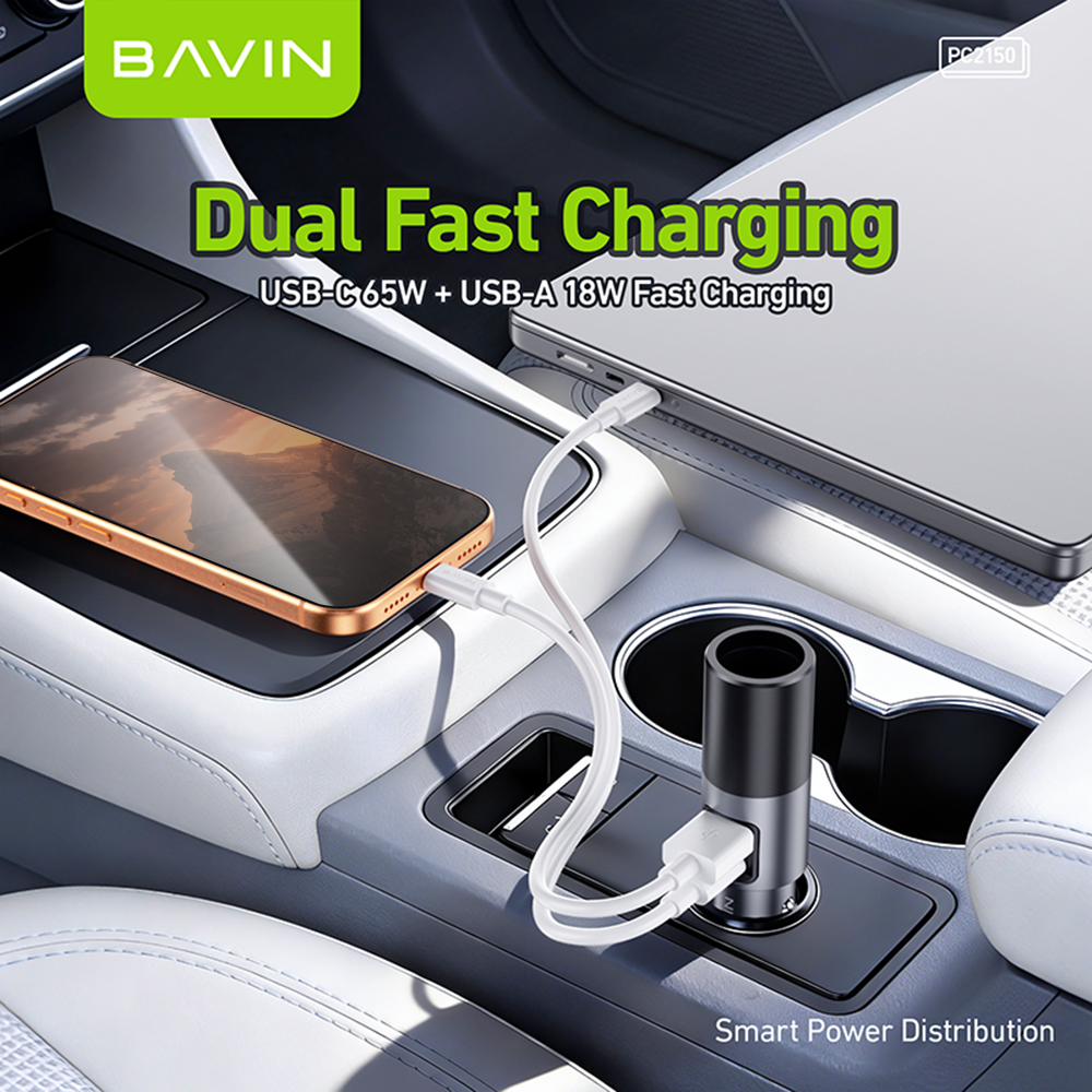 BAVIN PC2150 3-in-1 65W PD Fast Charging Car Charger w/ USB-C + USB-A Ports For Android & iPhone 17 Series