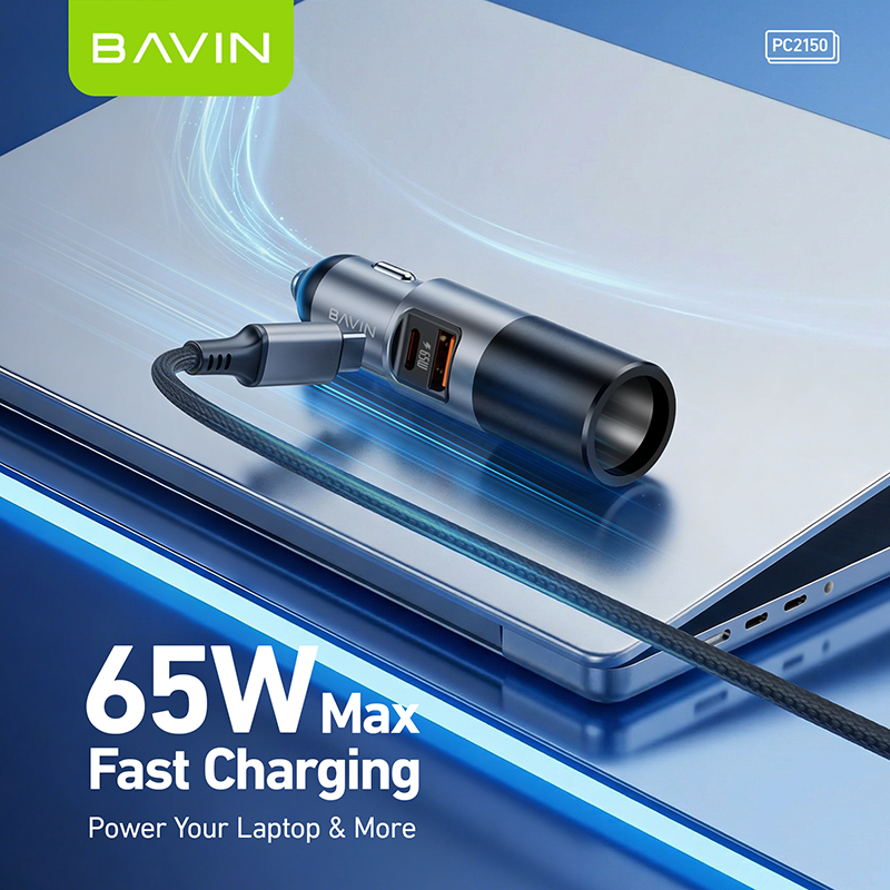 BAVIN PC2150 3-in-1 65W PD Fast Charging Car Charger w/ USB-C + USB-A Ports For Android & iPhone 17 Series