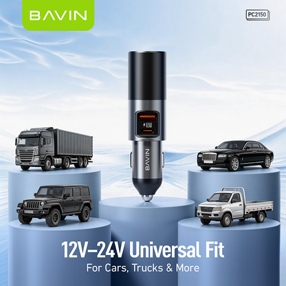 BAVIN PC2150 3-in-1 65W PD Fast Charging Car Charger w/ USB-C + USB-A Ports For Android & iPhone 17 Series