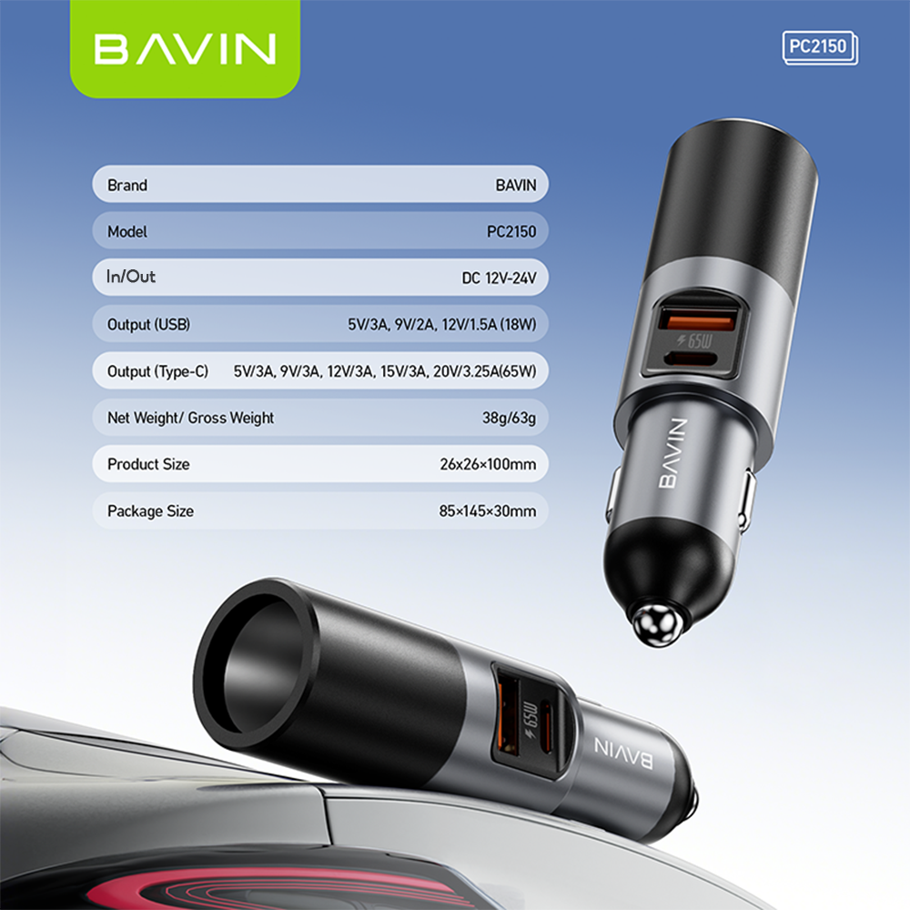 BAVIN PC2150 3-in-1 65W PD Fast Charging Car Charger w/ USB-C + USB-A Ports For Android & iPhone 17 Series