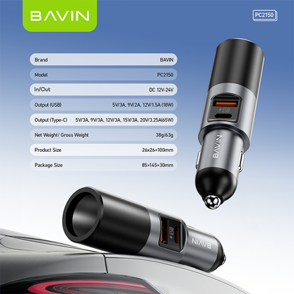 BAVIN PC2150 3-in-1 65W PD Fast Charging Car Charger w/ USB-C + USB-A Ports For Android & iPhone 17 Series