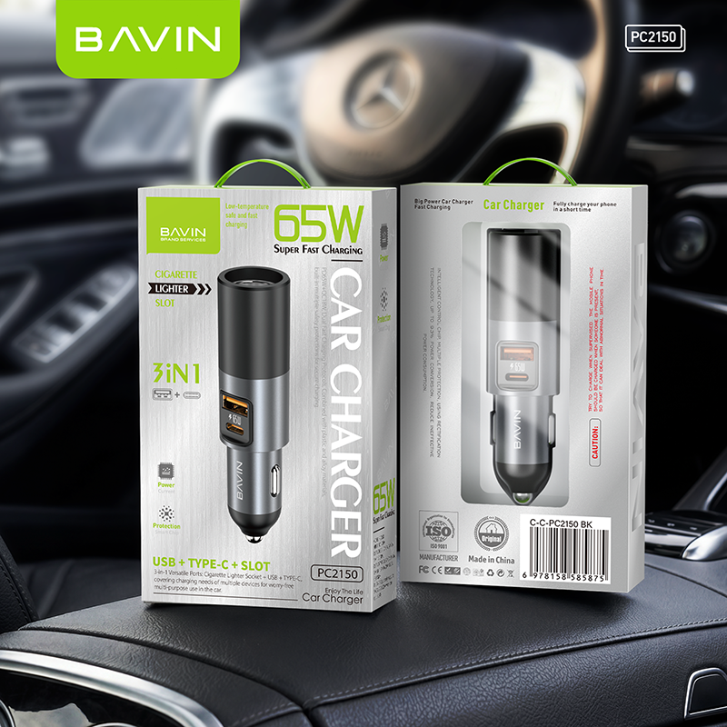 BAVIN PC2150 3-in-1 65W PD Fast Charging Car Charger w/ USB-C + USB-A Ports For Android & iPhone 17 Series