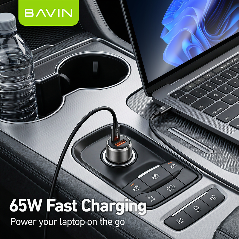 BAVIN PC2153 Mini 65W PD Fast Charging Car Charger w/USB-C+USB-A Ports+1m Cable for Phones/Laptops