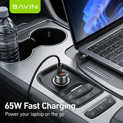 BAVIN PC2153 Mini 65W PD Fast Charging Car Charger w/USB-C+USB-A Ports+1m Cable for Phones/Laptops