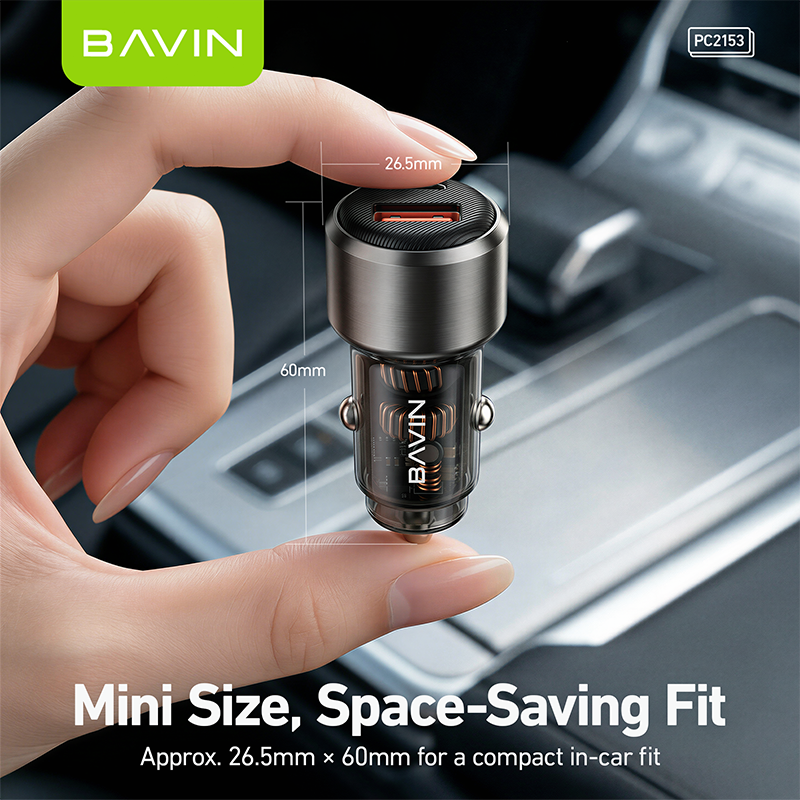BAVIN PC2153 Mini 65W PD Fast Charging Car Charger w/USB-C+USB-A Ports+1m Cable for Phones/Laptops