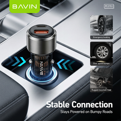 BAVIN PC2153 Mini 65W PD Fast Charging Car Charger w/USB-C+USB-A Ports+1m Cable for Phones/Laptops
