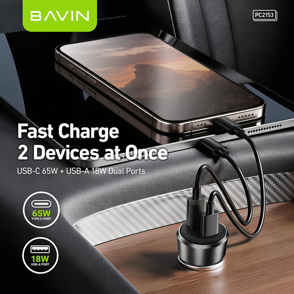 BAVIN PC2153 Mini 65W PD Fast Charging Car Charger w/USB-C+USB-A Ports+1m Cable for Phones/Laptops