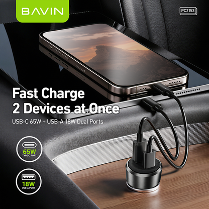 BAVIN PC2153 Mini 65W PD Fast Charging Car Charger w/USB-C+USB-A Ports+1m Cable for Phones/Laptops