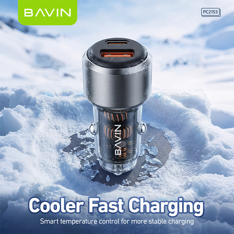 BAVIN PC2153 Mini 65W PD Fast Charging Car Charger w/USB-C+USB-A Ports+1m Cable for Phones/Laptops